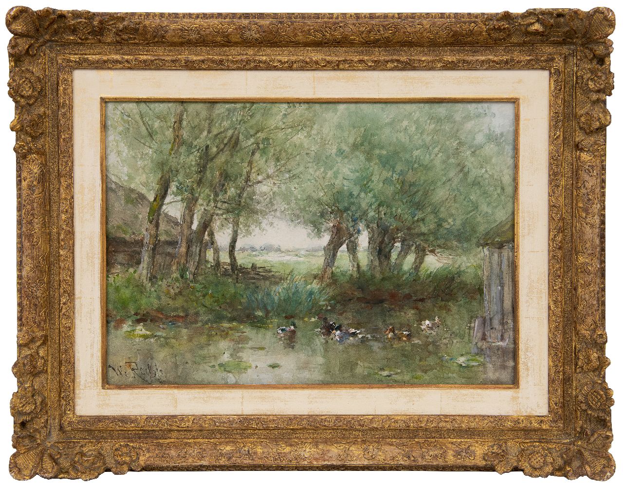 Roelofs W. | Willem Roelofs, Eenden in een sloot onder de wilgen, aquarel op papier 33,7 x 47,9 cm, gesigneerd linksonder Roelofs W. | Willem Roelofs, Eenden in een sloot onder de wilgen, aquarel op papier 33,7 x 47,9 cm, gesigneerd linksonder