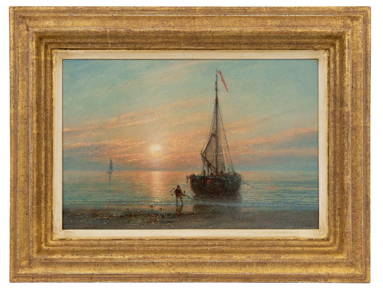 Schiedges P.P.  | Petrus Paulus Schiedges, Teruggekeerde vissersschuit bij zonsondergang, olieverf op paneel 18,7 x 27,9 cm, gesigneerd rechtsonder en gedateerd '65