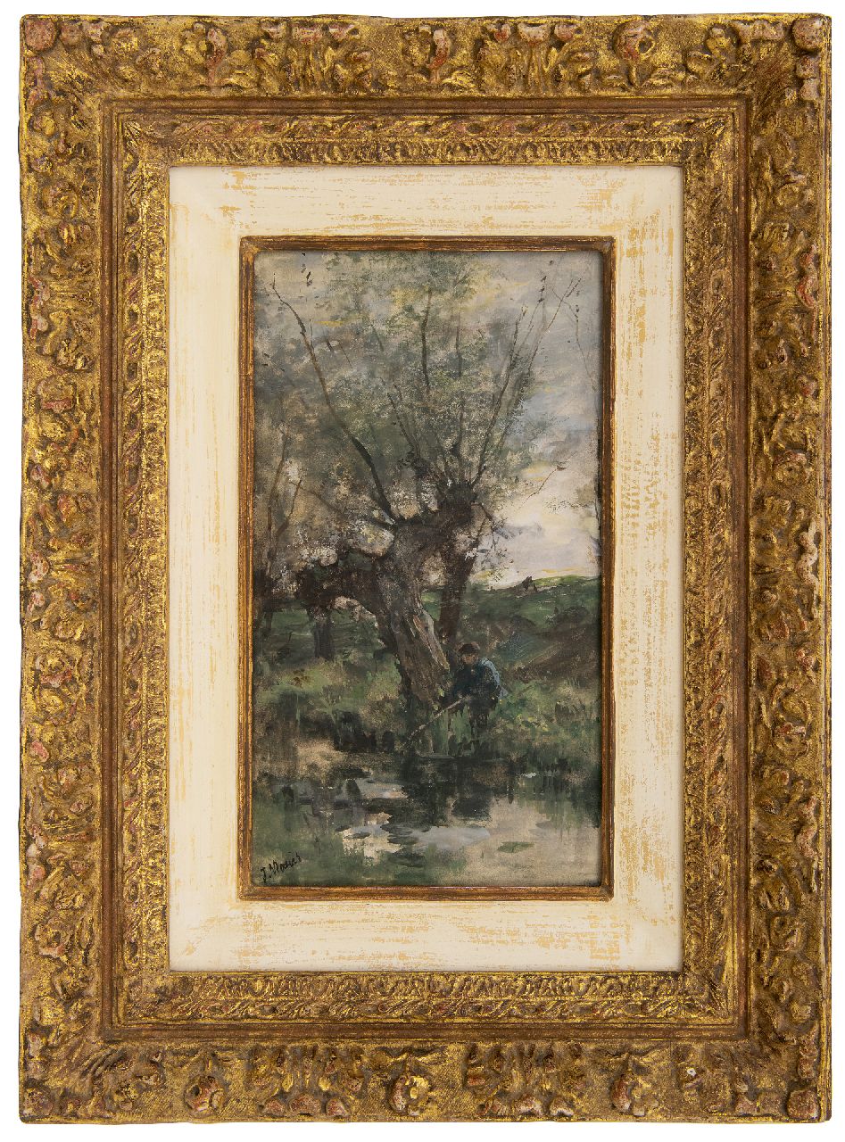 Maris J.H.  | Jacobus Hendricus 'Jacob' Maris, Hengelaar aan een slootje, aquarel op papier 29,5 x 16,5 cm, gesigneerd linksonder