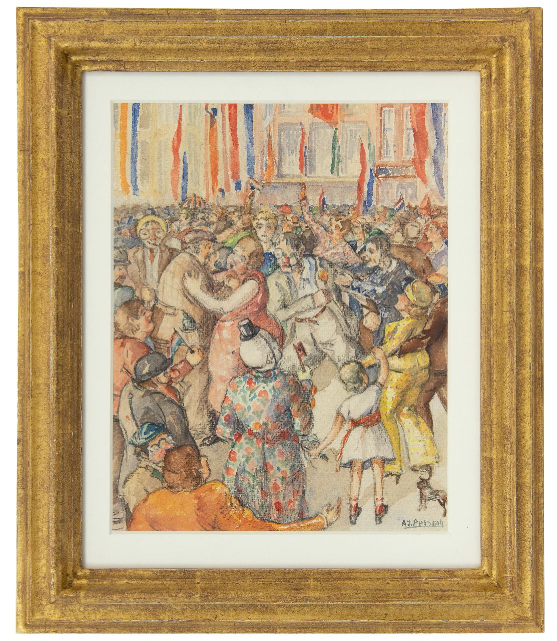 Pelsma A.J.  | Anne Jan Pelsma | Aquarellen en tekeningen te koop aangeboden | Oranjefeest, krijt en aquarel op papier 29,5 x 23,5 cm, gesigneerd rechtsonder