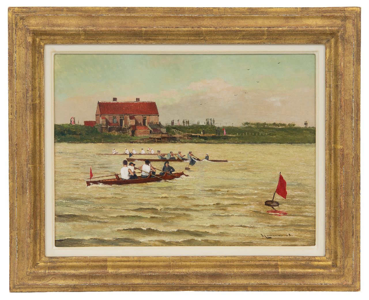 Moerman J.L.  | Johannes Lodewijk 'Jan Ludovicus' Moerman | Schilderijen te koop aangeboden | Roeiwedstrijd van gestuurde vier, olieverf op paneel 24,5 x 33,1 cm, gesigneerd rechtsonder en gedateerd '88