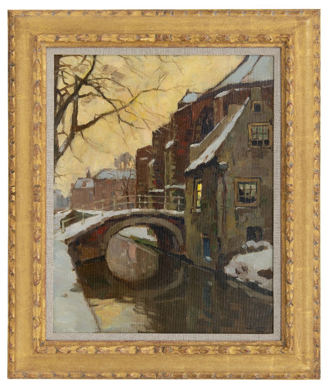 Viegers B.P.  | Bernardus Petrus 'Ben' Viegers, Winters gezicht op de Nieuwe Kerk en de Vrouwe van Rijnsburgerbrug te Delft, olieverf op doek 50,1 x 40,0 cm, gesigneerd rechtsonder