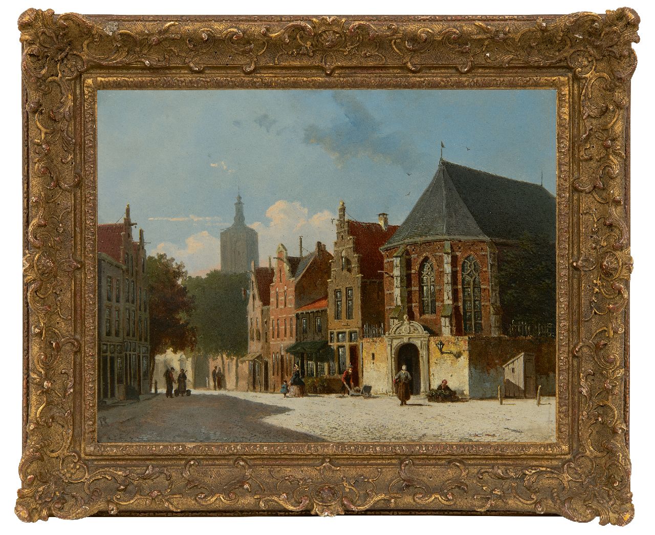Roosdorp F.  | Frederik Roosdorp, De Groenmarkt te Den Haag met op de achtergrond de toren van de Grote Kerk, olieverf op paneel 26,5 x 33,5 cm, gesigneerd linksonder met monogram