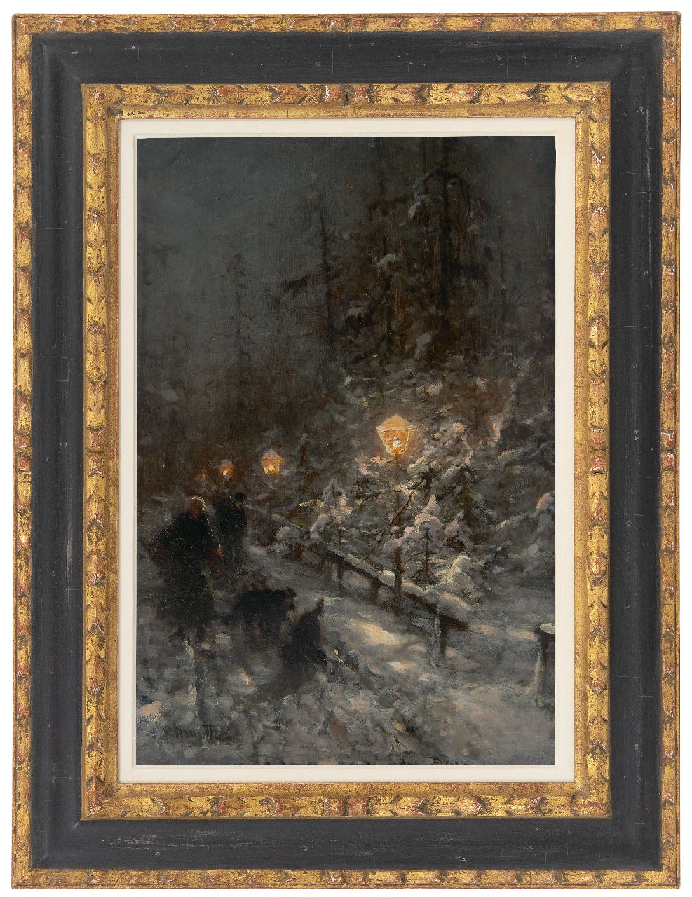 Munthe L. | Ludwig Munthe, Besneeuwde weg met figuren bij lamplicht, olieverf op paneel 40,9 x 27,7 cm, gesigneerd linksonder Munthe L. | Ludwig Munthe, Besneeuwde weg met figuren bij lamplicht, olieverf op paneel 40,9 x 27,7 cm, gesigneerd linksonder