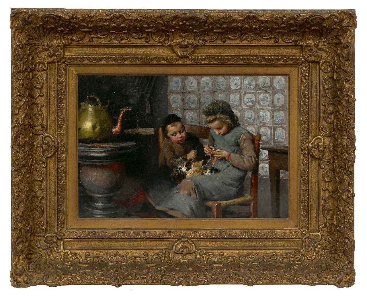 Claus E. | Emile Claus, Meisjes bij de kachel, olieverf op doek 23,1 x 34,2 cm, gesigneerd rechtsboven Claus E. | Emile Claus, Meisjes bij de kachel, olieverf op doek 23,1 x 34,2 cm, gesigneerd rechtsboven