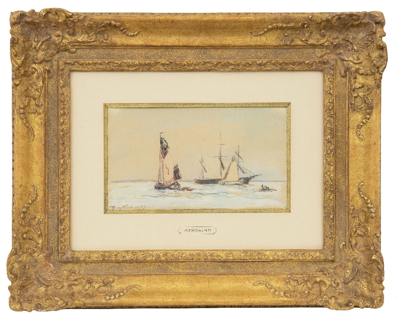 Jongkind J.B. | Johan Barthold Jongkind, Zeilschepen op de rivier, krijt en aquarel op papier 15,0 x 26,0 cm, gesigneerd linksonder en gedateerd 1877 Jongkind J.B. | Johan Barthold Jongkind, Zeilschepen op de rivier, krijt en aquarel op papier 15,0 x 26,0 cm, gesigneerd linksonder en gedateerd 1877