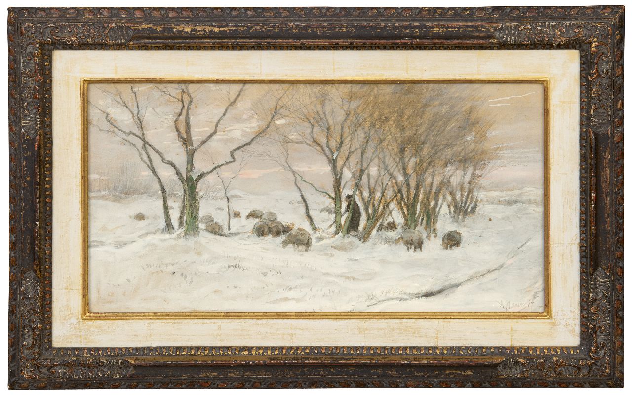 Mauve A. | Anthonij 'Anton' Mauve, Herder en schapen in de sneeuw, aquarel op papier 25,3 x 48,4 cm, gesigneerd rechtsonder Mauve A. | Anthonij 'Anton' Mauve, Herder en schapen in de sneeuw, aquarel op papier 25,3 x 48,4 cm, gesigneerd rechtsonder