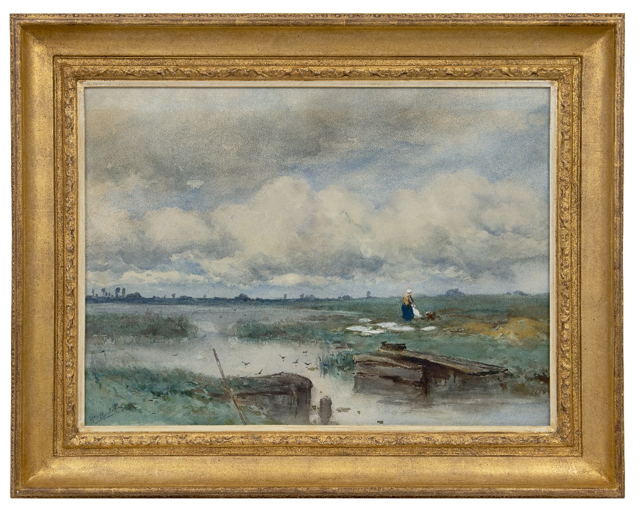Roelofs W.  | Willem Roelofs | Aquarellen en tekeningen te koop aangeboden | Waterlandschap met wasvlonder en bleekveldje, aquarel op papier 51,0 x 70,8 cm, gesigneerd linksonder en te dateren jaren 80