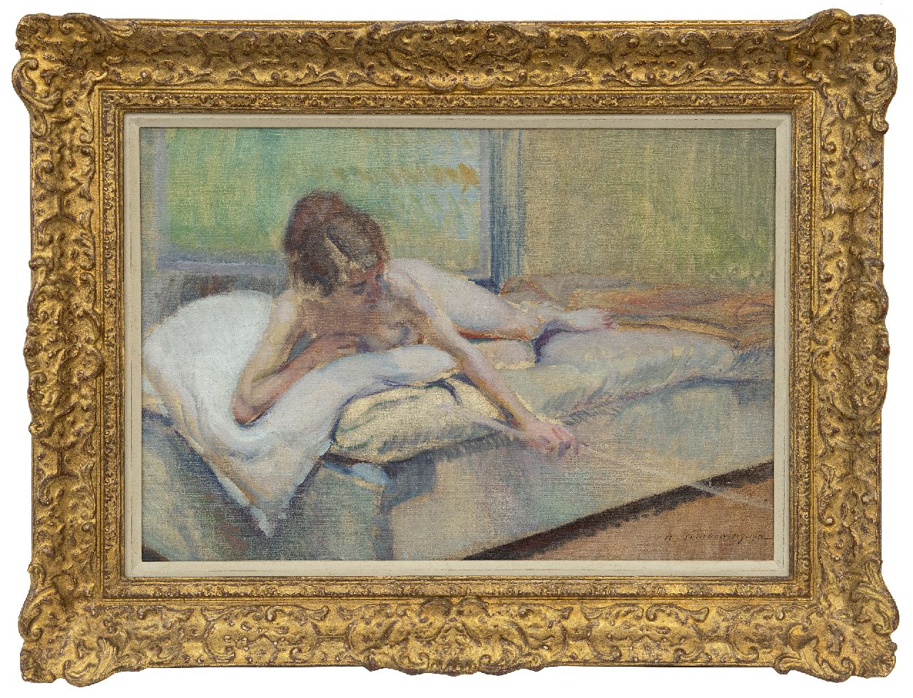 Karbowsky A. | Adrien Karbowsky, Vrouwelijk naakt op een bed, olieverf op doek 38,3 x 55,1 cm, gesigneerd rechtsonder en gedateerd 1912 Karbowsky A. | Adrien Karbowsky, Vrouwelijk naakt op een bed, olieverf op doek 38,3 x 55,1 cm, gesigneerd rechtsonder en gedateerd 1912
