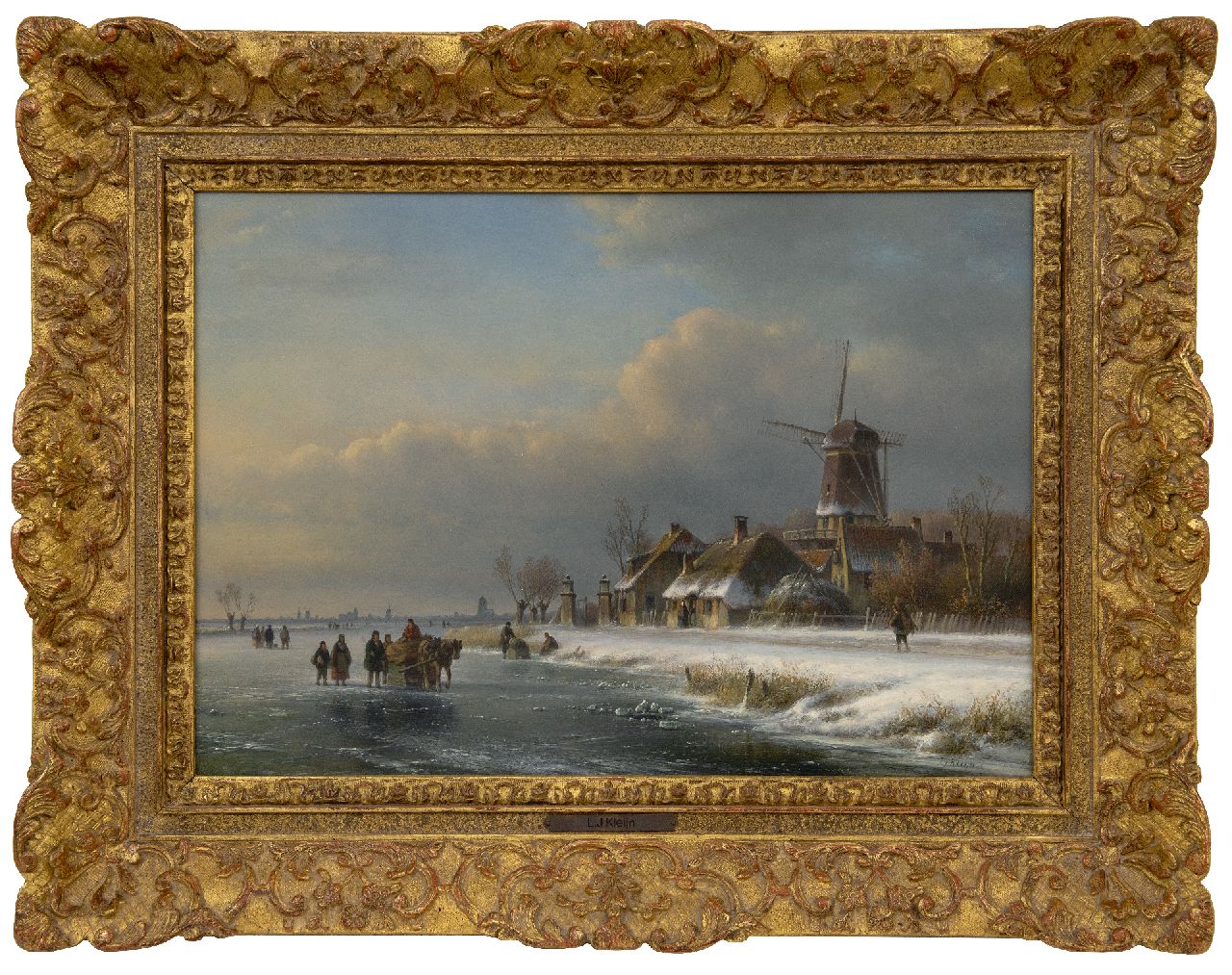 Kleijn L.J.  | Lodewijk Johannes Kleijn, IJsgezicht met paardenslee, olieverf op paneel 35,6 x 50,5 cm, gesigneerd rechtsonder