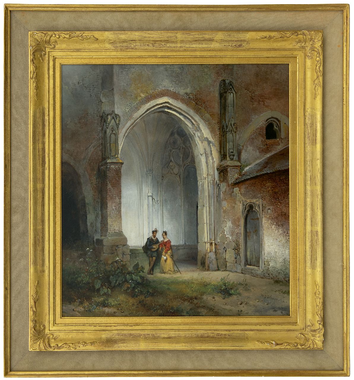 Nuijen W.J.J. | Wijnandus Johannes Josephus 'Wijnand' Nuijen | Schilderijen te koop aangeboden | Een man en een vrouw in een kloostergang van de Dom te Utrecht, olieverf op paneel 49,0 x 44,8 cm, gesigneerd rechtsonder en gedateerd 1832 Nuijen W.J.J. | Wijnandus Johannes Josephus 'Wijnand' Nuijen | Schilderijen te koop aangeboden | Een man en een vrouw in een kloostergang van de Dom te Utrecht, olieverf op paneel 49,0 x 44,8 cm, gesigneerd rechtsonder en gedateerd 1832