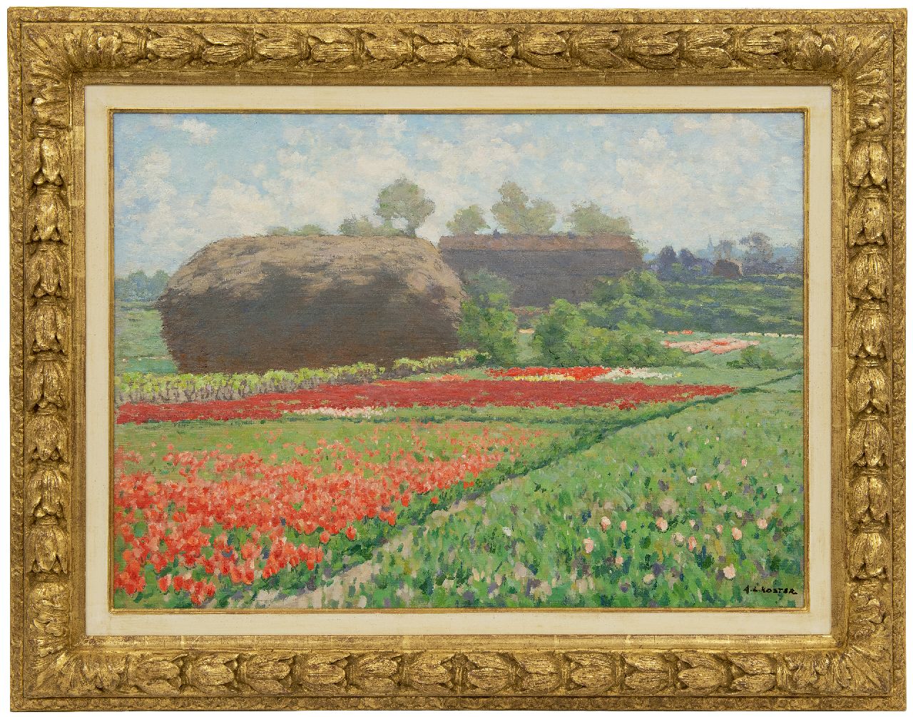 Koster A.L.  | Anton Louis 'Anton' Koster, Late tulpen en riethoop bij Bennebroek, olieverf op doek 50,6 x 70,5 cm, gesigneerd rechtsonder