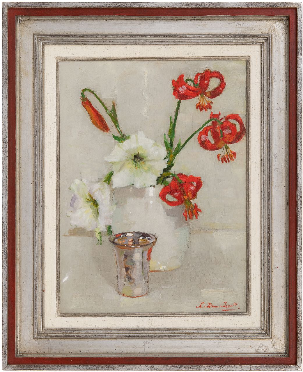 Dam van Isselt L. van | Lucie van Dam van Isselt, Rode lelies, olieverf op paneel 40,2 x 30,1 cm, gesigneerd rechtsonder en te dateren ca. 1930