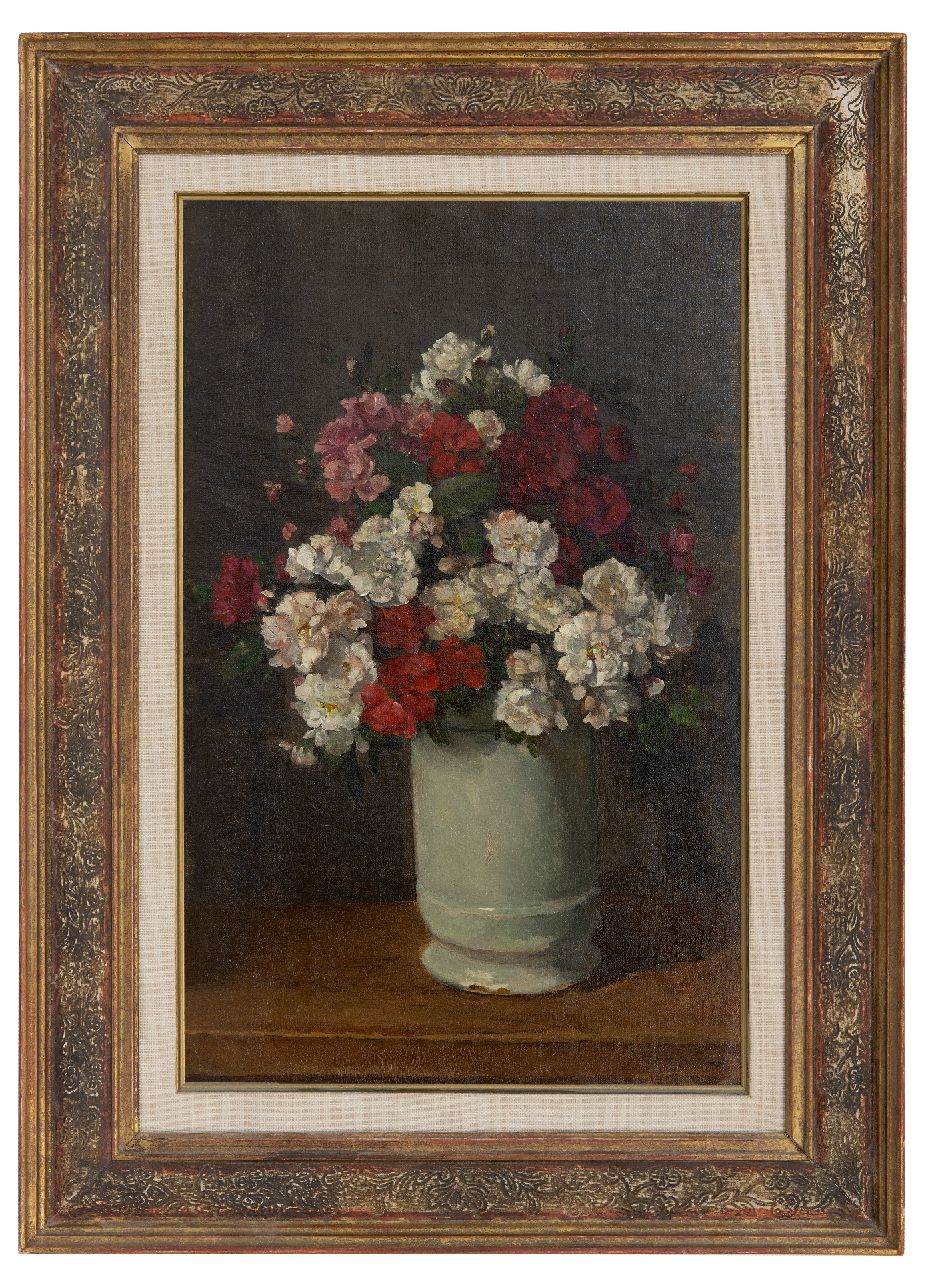Akkeringa J.E.H. | 'Johannes Evert' Hendrik Akkeringa | Schilderijen te koop aangeboden | Trosroosjes in een witte vaas, olieverf op doek 45,8 x 29,2 cm, gesigneerd rechtsonder Akkeringa J.E.H. | 'Johannes Evert' Hendrik Akkeringa | Schilderijen te koop aangeboden | Trosroosjes in een witte vaas, olieverf op doek 45,8 x 29,2 cm, gesigneerd rechtsonder