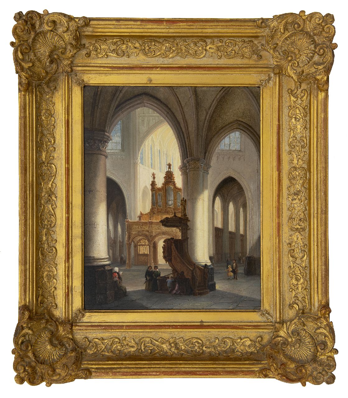 Tetar van Elven J.B. | Jan 'Johannes' Baptist Tetar van Elven, Kerkinterieur met figuren, olieverf op paneel 36,8 x 29,7 cm, gesigneerd linksonder met initialen en verso voluit Tetar van Elven J.B. | Jan 'Johannes' Baptist Tetar van Elven, Kerkinterieur met figuren, olieverf op paneel 36,8 x 29,7 cm, gesigneerd linksonder met initialen en verso voluit