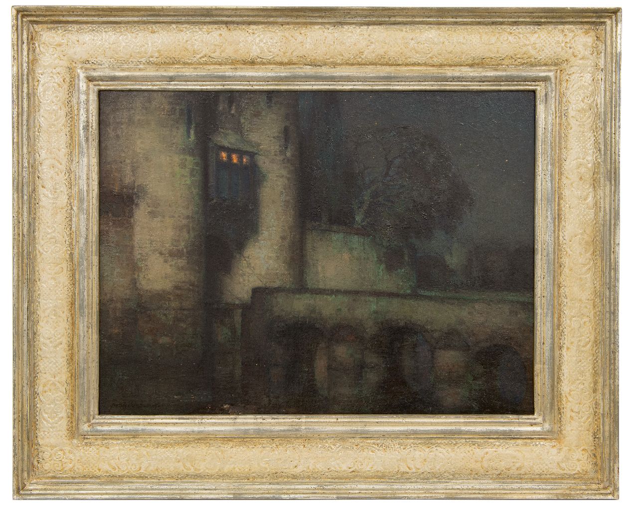 Bogaerts J.J.M. | Johannes Jacobus Maria 'Jan' Bogaerts | Schilderijen te koop aangeboden | Kasteel met ophaalbrug bij avond, olieverf op doek 45,4 x 60,3 cm, gesigneerd linksonder en gedateerd 1924 Bogaerts J.J.M. | Johannes Jacobus Maria 'Jan' Bogaerts | Schilderijen te koop aangeboden | Kasteel met ophaalbrug bij avond, olieverf op doek 45,4 x 60,3 cm, gesigneerd linksonder en gedateerd 1924