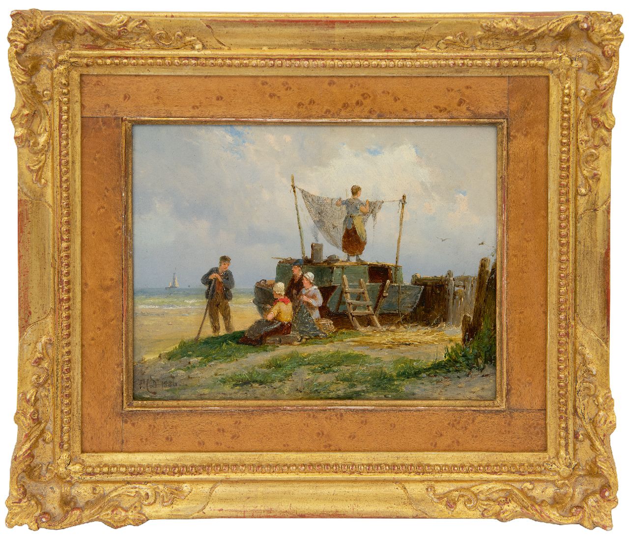 Dommershuijzen P.C. | Pieter Cornelis Dommershuijzen, 't Drogen van de netten, olieverf op paneel 15,0 x 20,2 cm, gesigneerd linksonder met initialen en gedateerd 1886 Dommershuijzen P.C. | Pieter Cornelis Dommershuijzen, 't Drogen van de netten, olieverf op paneel 15,0 x 20,2 cm, gesigneerd linksonder met initialen en gedateerd 1886