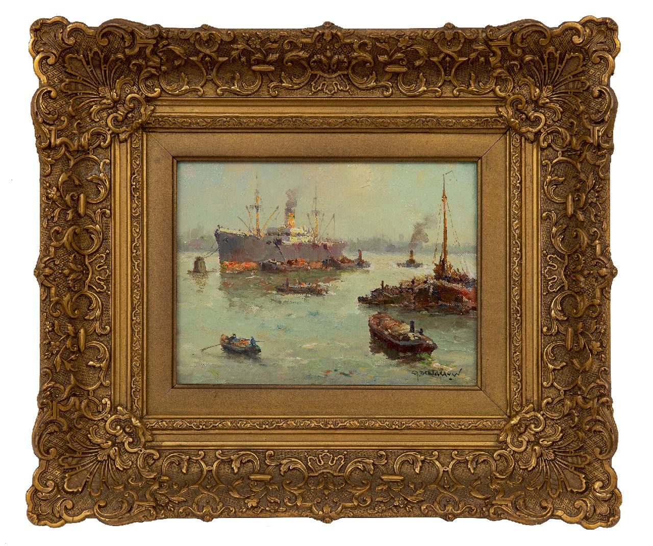 Delfgaauw G.J. | Gerardus Johannes 'Gerard' Delfgaauw, Scheepvaart bij Rotterdam (mogelijk de Waalhaven), olieverf op doek 18,8 x 24,7 cm, gesigneerd rechtsonder Delfgaauw G.J. | Gerardus Johannes 'Gerard' Delfgaauw, Scheepvaart bij Rotterdam (mogelijk de Waalhaven), olieverf op doek 18,8 x 24,7 cm, gesigneerd rechtsonder