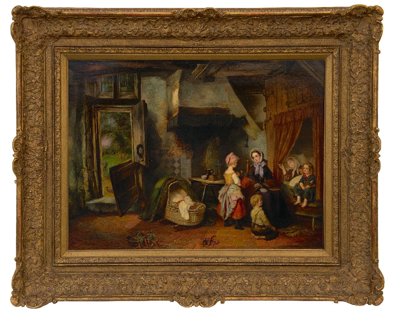 Fabius J.  | Jan Fabius, De kraamvisite, olieverf op paneel 49,2 x 99,0 cm, ?