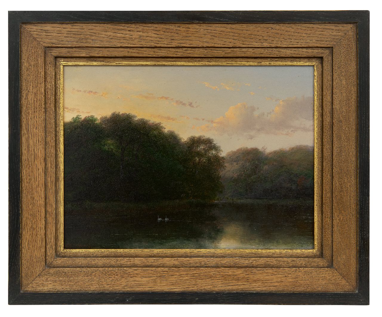 Schelfhout A. | Andreas Schelfhout, Twee zwanen in de vijver in het Haagse Bos, olieverf op paneel 24,0 x 32,6 cm, gesigneerd linksonder Schelfhout A. | Andreas Schelfhout, Twee zwanen in de vijver in het Haagse Bos, olieverf op paneel 24,0 x 32,6 cm, gesigneerd linksonder