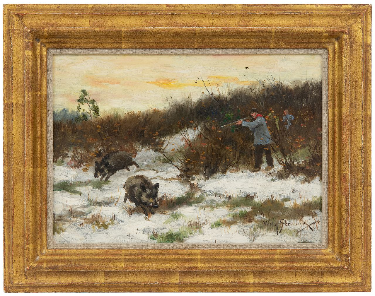Steelink jr. W.  | Willem Steelink jr., Zwijnenjacht in de sneeuw, olieverf op paneel 19,8 x 28,0 cm, gesigneerd rechtsonder