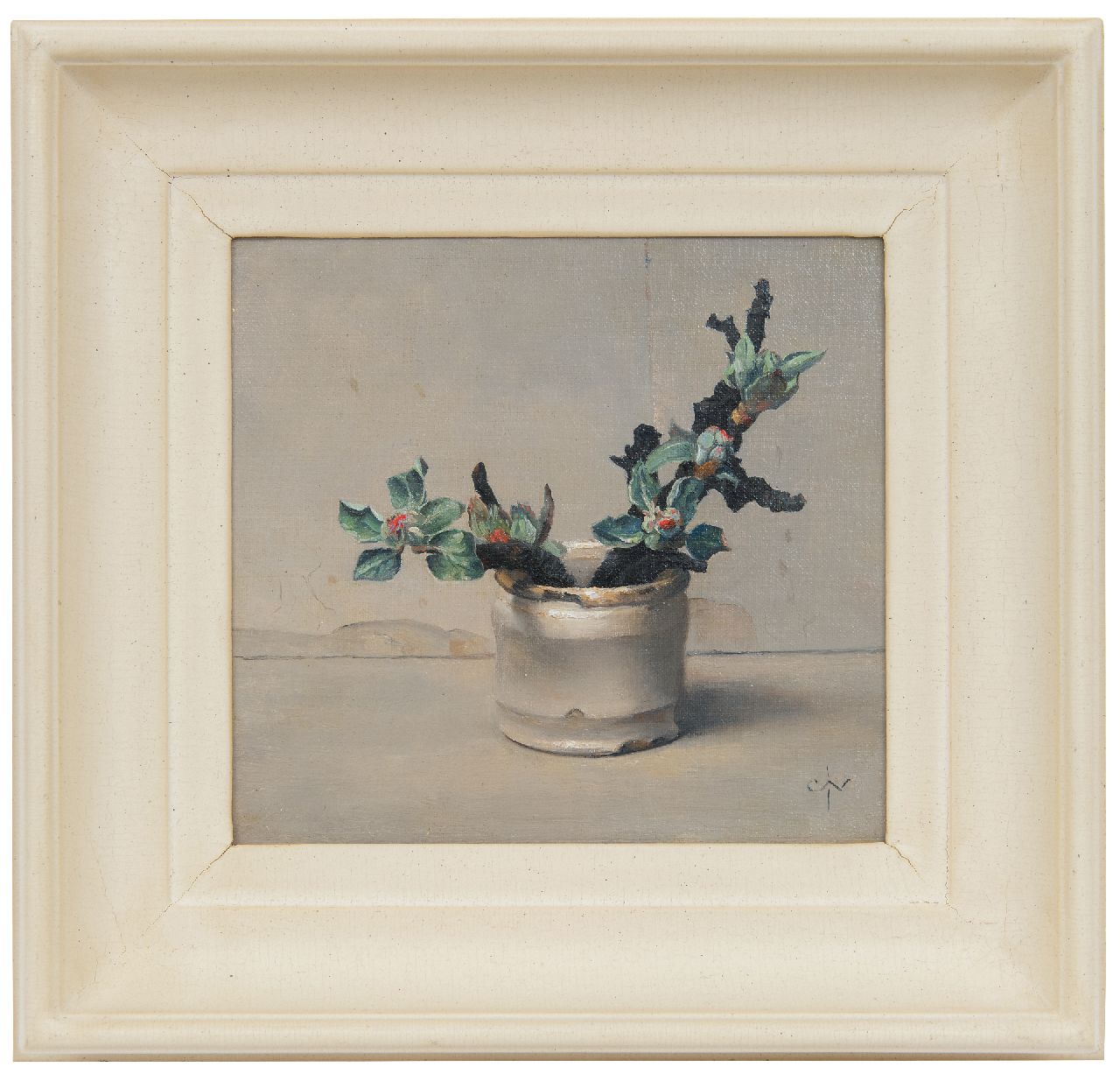 Nachenius J.C. | Jan Coenraad Nachenius, Uitbottende takken in witte pot, olieverf op paneel 17,7 x 19,2 cm, gesigneerd linksonder met monogram Nachenius J.C. | Jan Coenraad Nachenius, Uitbottende takken in witte pot, olieverf op paneel 17,7 x 19,2 cm, gesigneerd linksonder met monogram