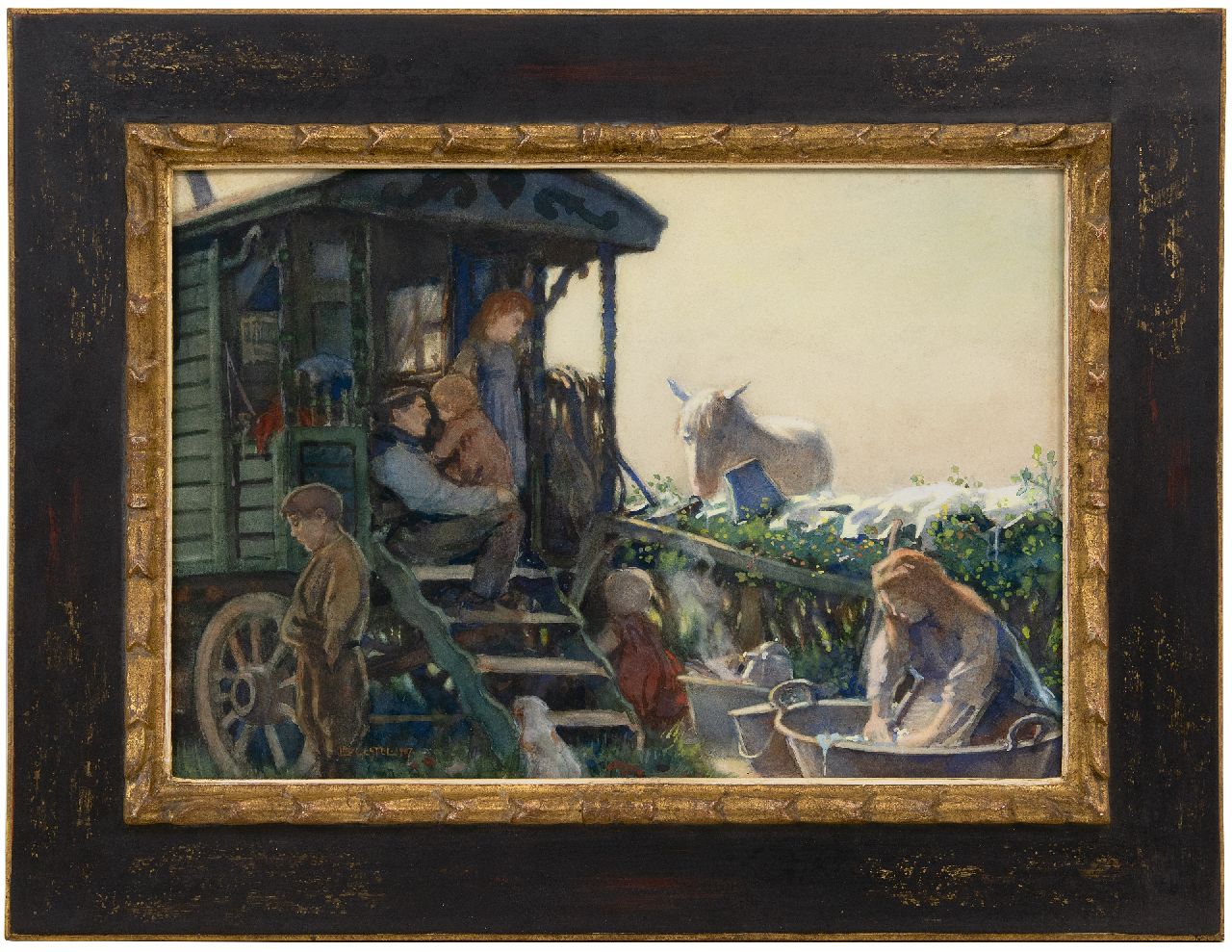 Gestel L.  | Leendert 'Leo' Gestel | Aquarellen en tekeningen te koop aangeboden | Woonwagenfamilie, aquarel op papier 37,5 x 55,0 cm, gesigneerd linksonder en gedateerd 1907