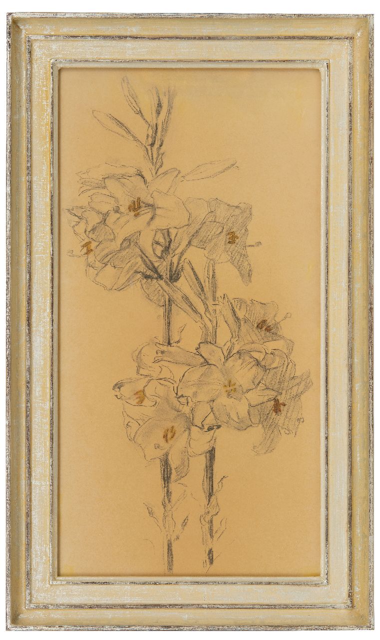 Leck B.A. van der | 'Bart' Anthony van der Leck | Aquarellen en tekeningen te koop aangeboden | Lelies (mogelijk een van de studies voor het schilderij 'Lelies' uit 1922), grafiet en aquarel op papier 50,0 x 26,0 cm, gesigneerd verso en verso gedateerd 1922