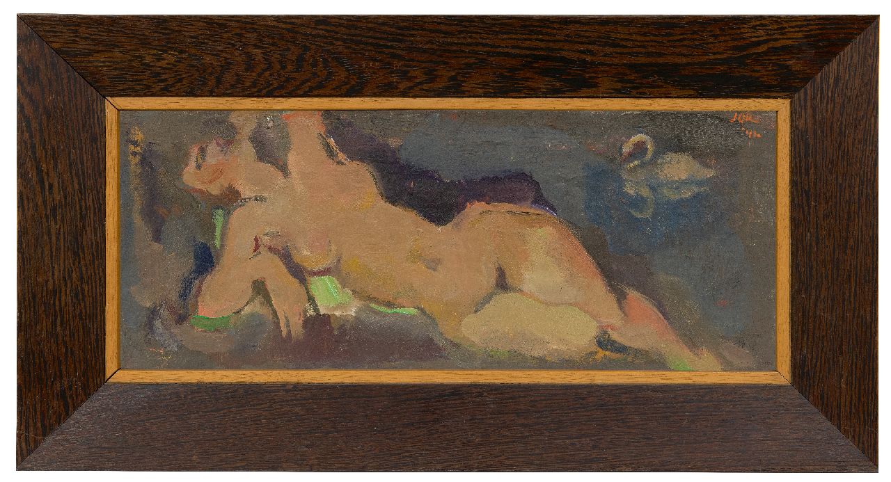 Jordens J.G. | 'Jan' Gerrit Jordens, Liggend naakt (Leda en de zwaan), olieverf op doek 20,9 x 50,6 cm, gesigneerd rechtsboven en gedateerd '42 Jordens J.G. | 'Jan' Gerrit Jordens, Liggend naakt (Leda en de zwaan), olieverf op doek 20,9 x 50,6 cm, gesigneerd rechtsboven en gedateerd '42