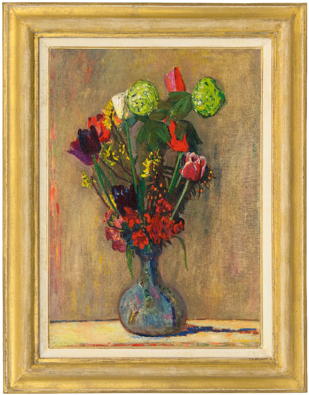 Wiegers J.  | Jan Wiegers, Voorjaarsboeket met tulpen en brem, olieverf op doek 70,6 x 49,9 cm, gesigneerd rechtsonder