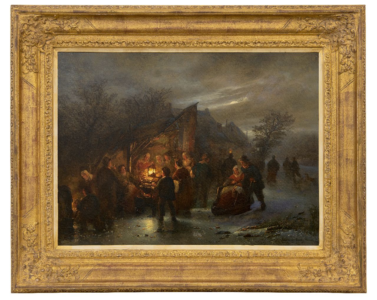 Haanen G.G. | George Gillis Haanen | Schilderijen te koop aangeboden | Avondlijk ijsvermaak bij een koek-en-zopie, olieverf op doek 45,2 x 60,3 cm, gesigneerd rechtsonder en zonder lijst Haanen G.G. | George Gillis Haanen | Schilderijen te koop aangeboden | Avondlijk ijsvermaak bij een koek-en-zopie, olieverf op doek 45,2 x 60,3 cm, gesigneerd rechtsonder en zonder lijst
