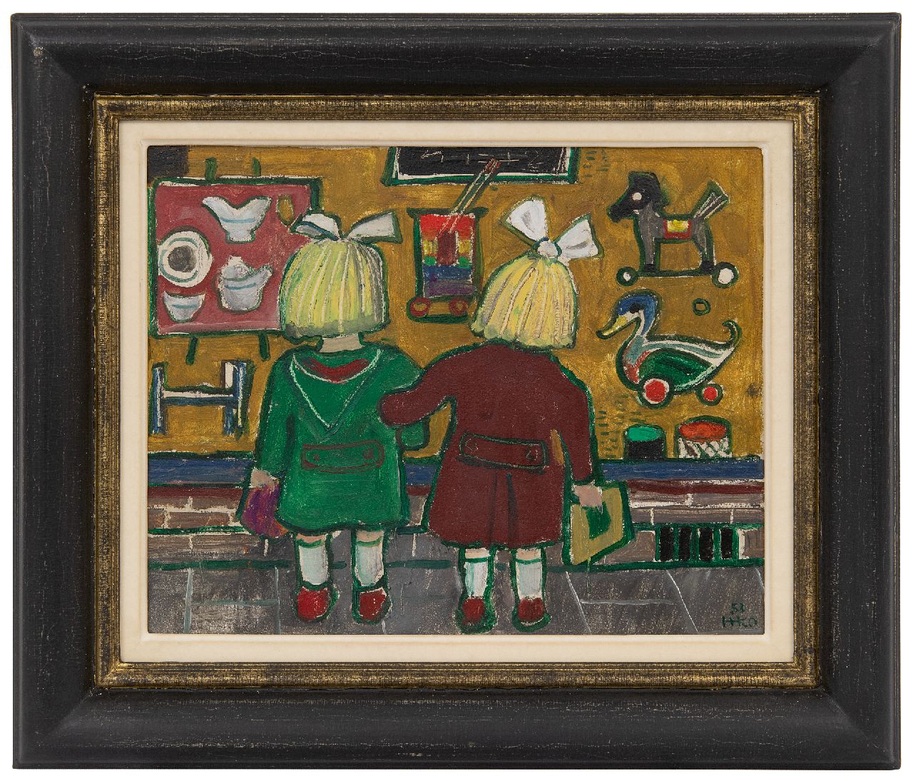 Kamerlingh Onnes H.H.  | 'Harm' Henrick Kamerlingh Onnes, Kinderen voor de etalage van een speelgoedwinkel, olieverf op board 23,7 x 29,7 cm, gesigneerd rechtsonder met monogram en gedateerd '53