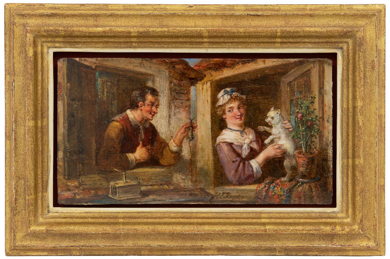 Reijntjens H.E. | Henricus Engelbertus Reijntjens, Het kat-en-muisspel, olieverf op paneel 15,0 x 28,1 cm, gesigneerd middenonder Reijntjens H.E. | Henricus Engelbertus Reijntjens, Het kat-en-muisspel, olieverf op paneel 15,0 x 28,1 cm, gesigneerd middenonder
