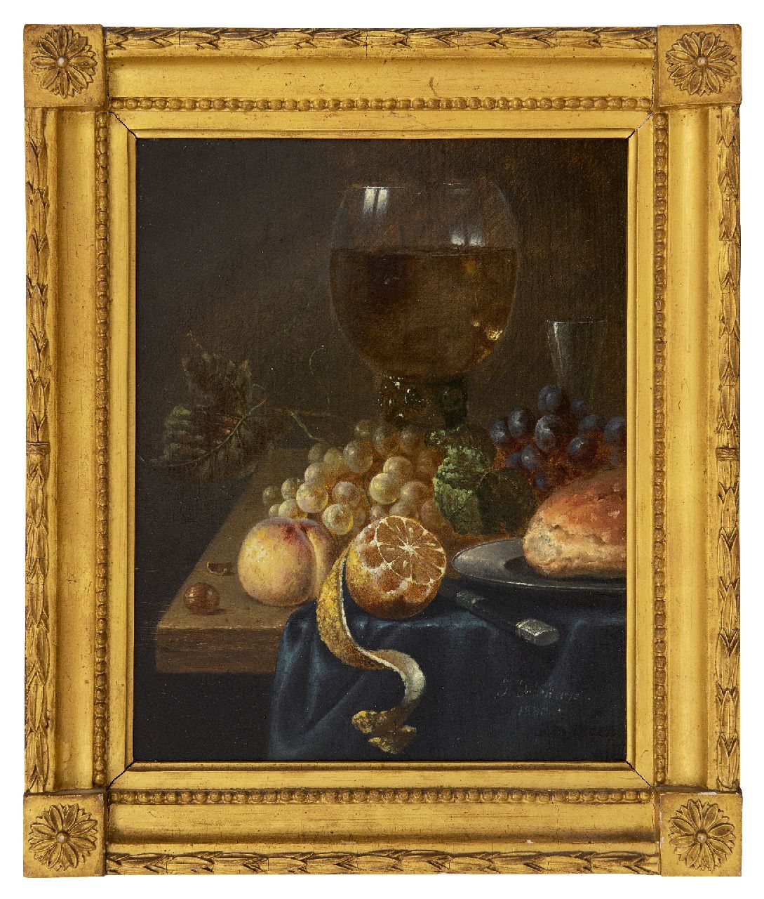 Delehaye J. | Jos Delehaye, Stilleven met roemer, druiven, citroen en tinnen schotel, olieverf op doek 26,9 x 21,2 cm, gesigneerd rechtsonder en gedateerd 1880 Delehaye J. | Jos Delehaye, Stilleven met roemer, druiven, citroen en tinnen schotel, olieverf op doek 26,9 x 21,2 cm, gesigneerd rechtsonder en gedateerd 1880