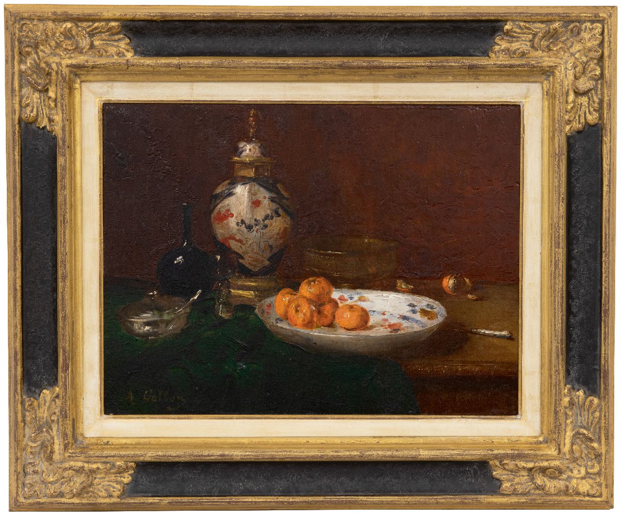 Vollon A. | Antoine Vollon, Stilleven met mandarijnen en Imari dekselvaas, olieverf op paneel 26,6 x 35,1 cm, gesigneerd linksonder Vollon A. | Antoine Vollon, Stilleven met mandarijnen en Imari dekselvaas, olieverf op paneel 26,6 x 35,1 cm, gesigneerd linksonder