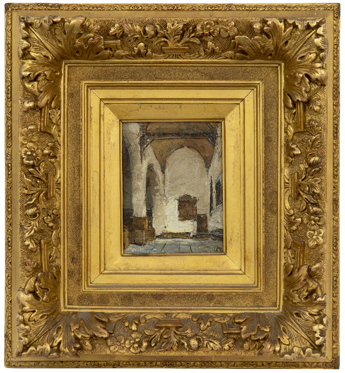 Bosboom J. | Johannes Bosboom, Kerkinterieur, olieverf op paneel 12,0 x 9,1 cm, gesigneerd rechtsonder met initialen Bosboom J. | Johannes Bosboom, Kerkinterieur, olieverf op paneel 12,0 x 9,1 cm, gesigneerd rechtsonder met initialen