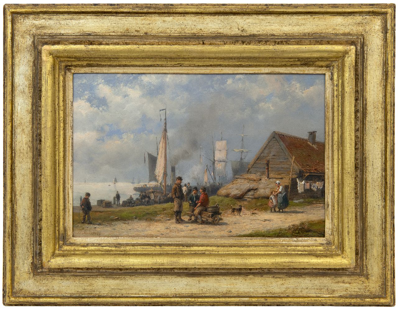 Koekkoek H. | Hermanus Koekkoek, Vissersvolk en reizigers bij afgemeerde schepen, olieverf op paneel 21,3 x 32,5 cm, gesigneerd linksonder Koekkoek H. | Hermanus Koekkoek, Vissersvolk en reizigers bij afgemeerde schepen, olieverf op paneel 21,3 x 32,5 cm, gesigneerd linksonder