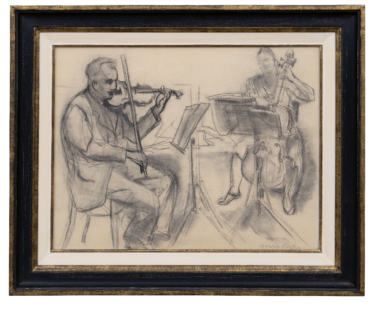 Kuijten H.J. | Henricus Johannes 'Harrie' Kuijten | Aquarellen en tekeningen te koop aangeboden | Spelende violist en cellist, zwart krijt op papier 37,1 x 47,8 cm, gesigneerd rechtsonder Kuijten H.J. | Henricus Johannes 'Harrie' Kuijten | Aquarellen en tekeningen te koop aangeboden | Spelende violist en cellist, zwart krijt op papier 37,1 x 47,8 cm, gesigneerd rechtsonder