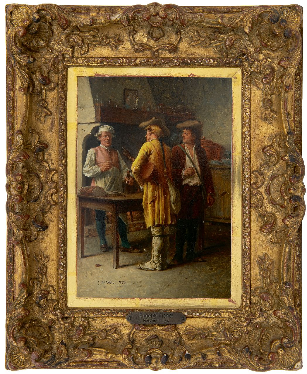 Fichel B.E. | Benjamin 'Eugène' Fichel | Schilderijen te koop aangeboden | Pauze in de herberg, olieverf op paneel 22,0 x 15,7 cm, gesigneerd linksonder en gedateerd 1884 Fichel B.E. | Benjamin 'Eugène' Fichel | Schilderijen te koop aangeboden | Pauze in de herberg, olieverf op paneel 22,0 x 15,7 cm, gesigneerd linksonder en gedateerd 1884