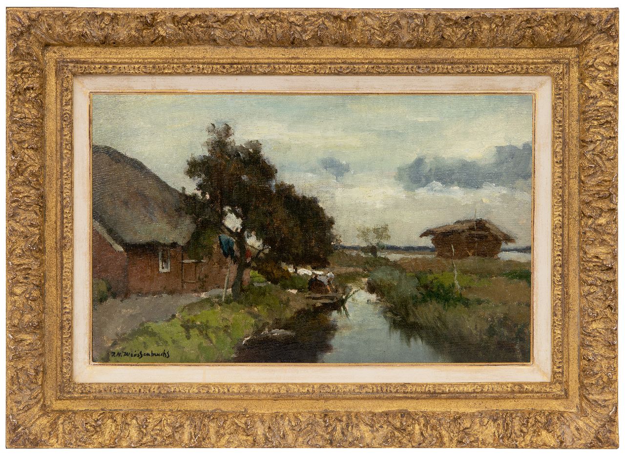 Weissenbruch H.J. | Hendrik Johannes 'J.H.' Weissenbruch, Aan de beek, olieverf op doek op paneel 25,3 x 41,0 cm, gesigneerd linksonder Weissenbruch H.J. | Hendrik Johannes 'J.H.' Weissenbruch, Aan de beek, olieverf op doek op paneel 25,3 x 41,0 cm, gesigneerd linksonder