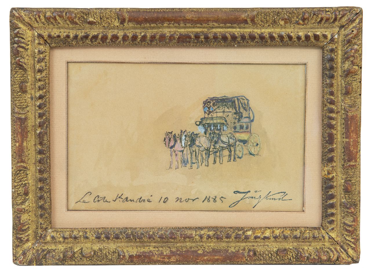 Jongkind J.B. | Johan Barthold Jongkind | Aquarellen en tekeningen te koop aangeboden | De diligence, La Côte-Saint-André, zwart krijt en aquarel op papier 10,3 x 16,7 cm, gesigneerd rechtsonder met naamstempel en gedateerd 'La Côte St. André 10 nov 1885' Jongkind J.B. | Johan Barthold Jongkind | Aquarellen en tekeningen te koop aangeboden | De diligence, La Côte-Saint-André, zwart krijt en aquarel op papier 10,3 x 16,7 cm, gesigneerd rechtsonder met naamstempel en gedateerd 'La Côte St. André 10 nov 1885'