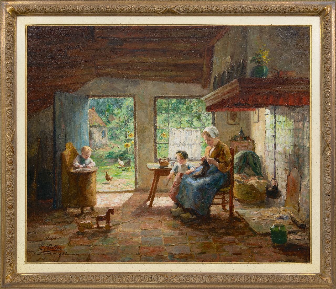 Pieters E. | Evert Pieters | Schilderijen te koop aangeboden | Moeder en kinderen in zonnig boereninterieur, olieverf op doek 78,5 x 92,4 cm, gesigneerd linksonder en gedateerd 1915 Pieters E. | Evert Pieters | Schilderijen te koop aangeboden | Moeder en kinderen in zonnig boereninterieur, olieverf op doek 78,5 x 92,4 cm, gesigneerd linksonder en gedateerd 1915