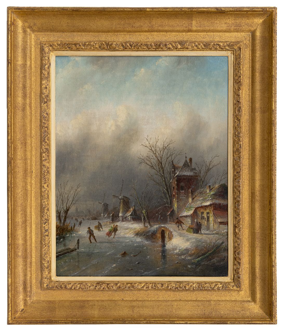 Spohler J.J.C. | Jacob Jan Coenraad Spohler, Schaatsers op het ijs bij naderende sneeuwstorm, olieverf op doek 44,3 x 34,9 cm, gesigneerd rechtsonder Spohler J.J.C. | Jacob Jan Coenraad Spohler, Schaatsers op het ijs bij naderende sneeuwstorm, olieverf op doek 44,3 x 34,9 cm, gesigneerd rechtsonder