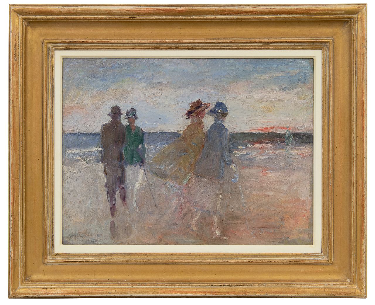 Rinke J.  | 'Jan' Frederik Rinke, Wandelaars op het Scheveningse strand bij zonsondergang, olieverf op board 30,1 x 40,2 cm, gesigneerd linksonder (resten)
