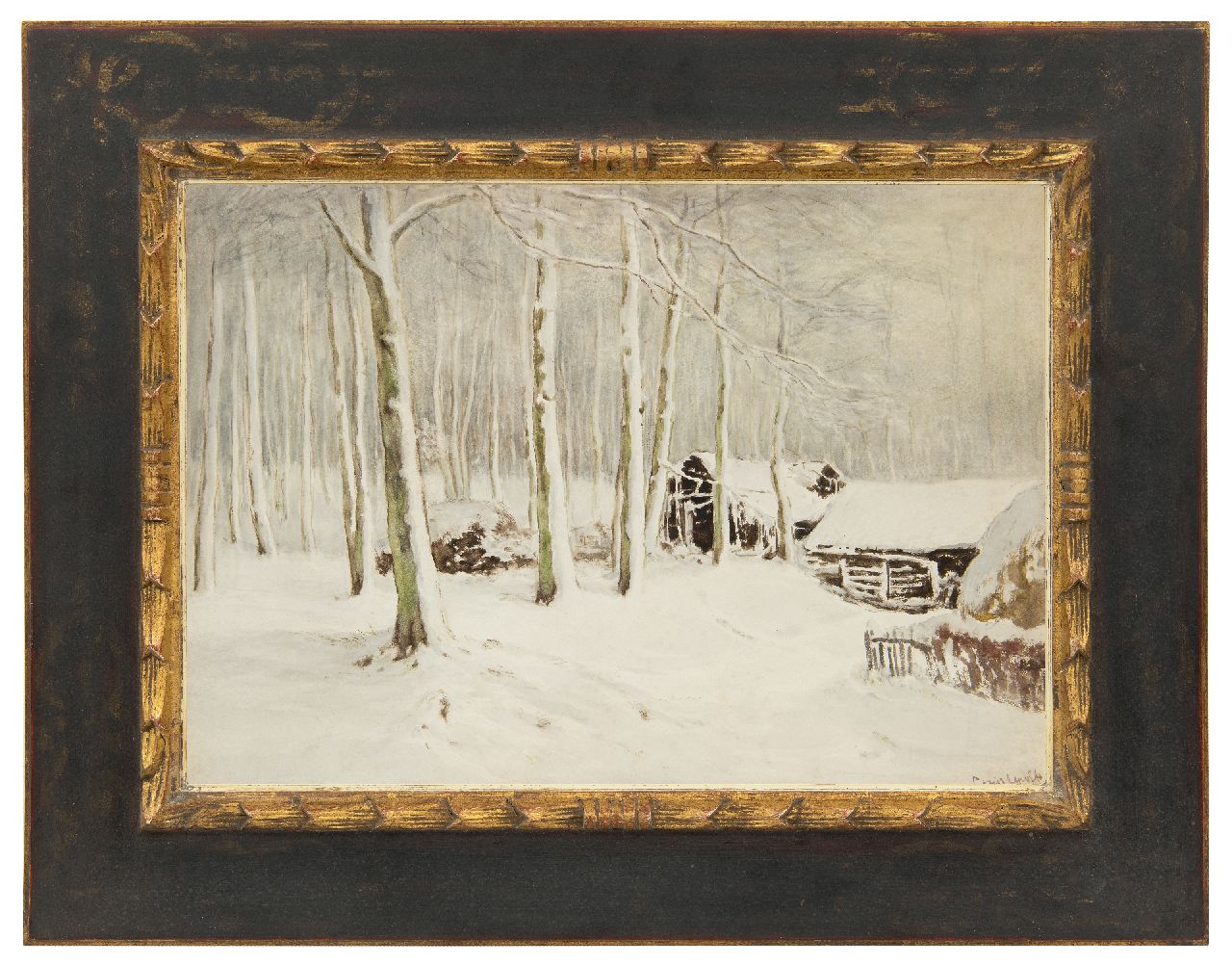 Apol L.F.H.  | Lodewijk Franciscus Hendrik 'Louis' Apol | Aquarellen en tekeningen te koop aangeboden | Besneeuwde schuren in het bos, gouache op papier 36,5 x 52,1 cm, gesigneerd rechtsonder