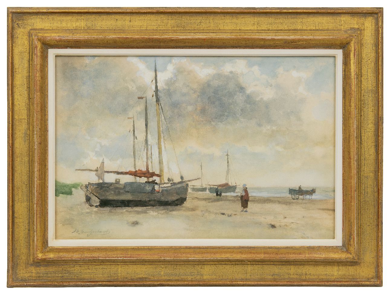Weissenbruch H.J. | Hendrik Johannes 'J.H.' Weissenbruch, Bomschuiten op het strand, aquarel op papier 32,8 x 49,6 cm, gesigneerd linksonder Weissenbruch H.J. | Hendrik Johannes 'J.H.' Weissenbruch, Bomschuiten op het strand, aquarel op papier 32,8 x 49,6 cm, gesigneerd linksonder