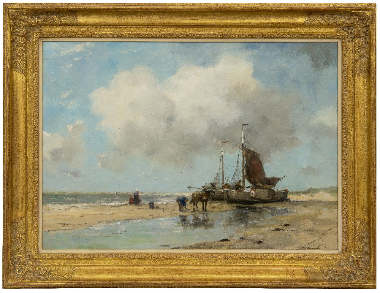 Scherrewitz J.F.C.  | Johan Frederik Cornelis Scherrewitz | Schilderijen te koop aangeboden | Bomschuiten op het strand, olieverf op doek 59,8 x 84,2 cm, gesigneerd rechtsonder