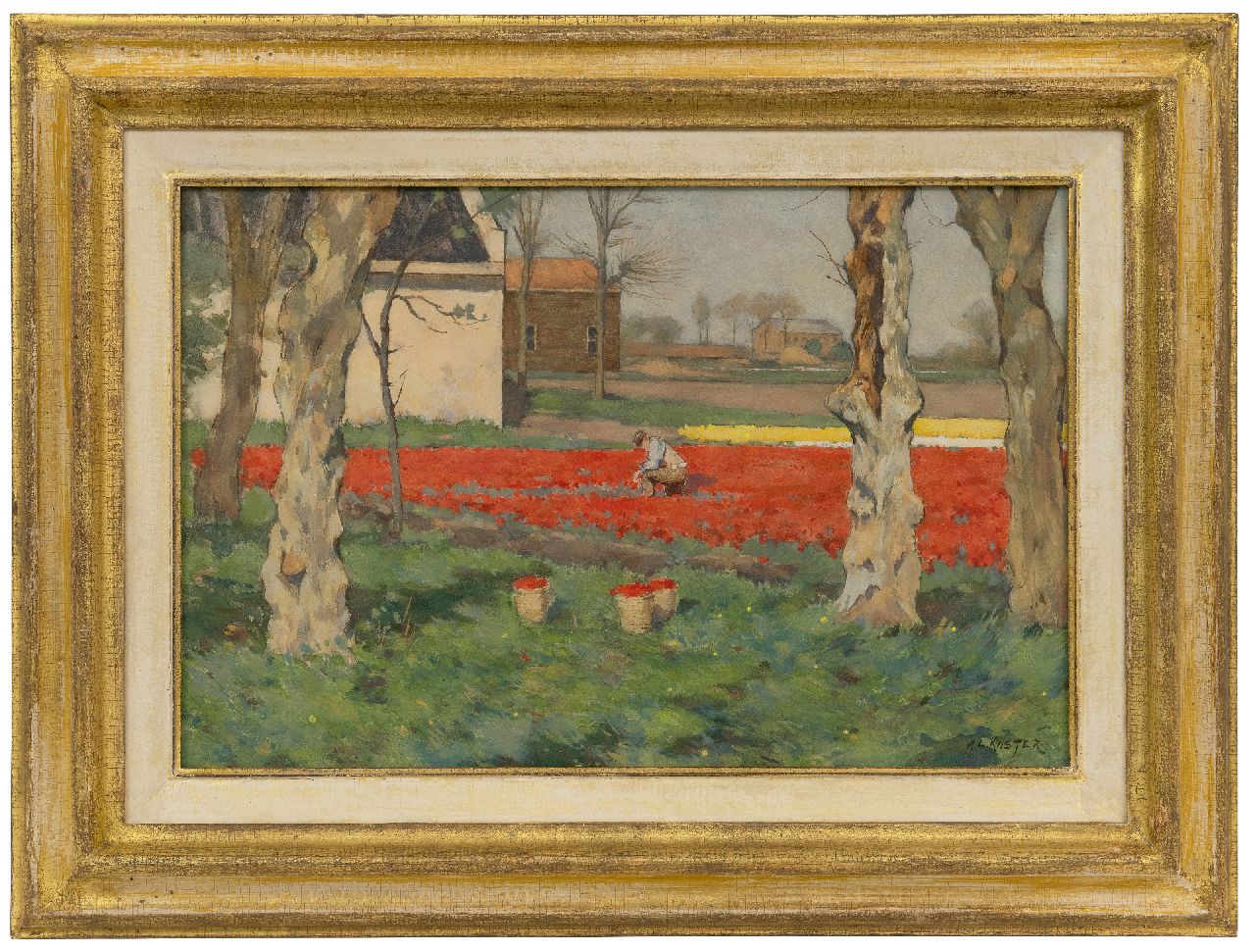 Koster A.L. | Anton Louis 'Anton' Koster, Tulpenvelden tussen de bomen, aquarel en gouache op papier 28,0 x 43,0 cm, gesigneerd rechtsonder Koster A.L. | Anton Louis 'Anton' Koster, Tulpenvelden tussen de bomen, aquarel en gouache op papier 28,0 x 43,0 cm, gesigneerd rechtsonder