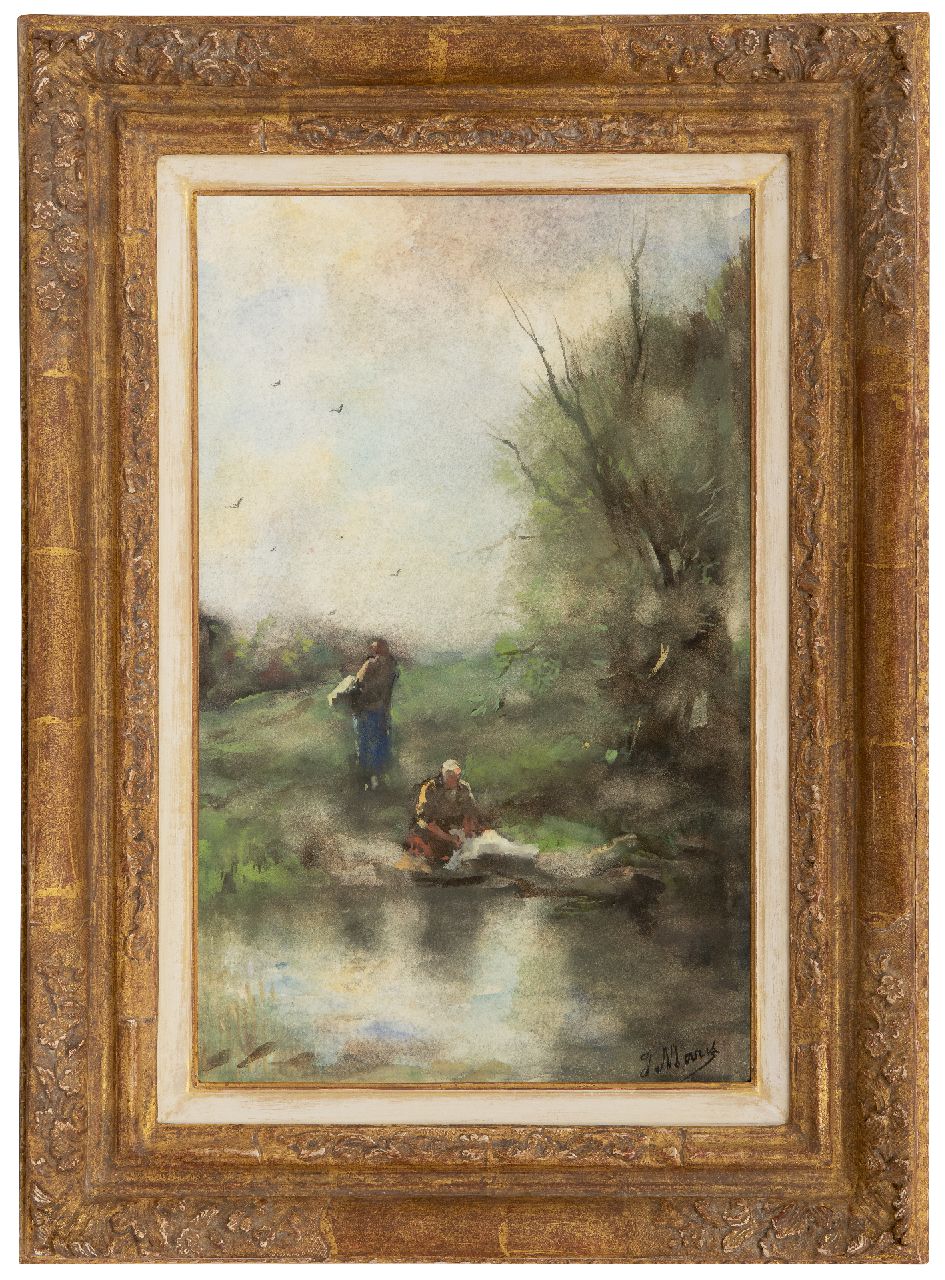 Maris J.H.  | Jacobus Hendricus 'Jacob' Maris | Aquarellen en tekeningen te koop aangeboden | Wasvrouwen bij de rivier, aquarel op papier 38,8 x 24,5 cm, gesigneerd rechtsonder en te dateren ca. 1888-1889