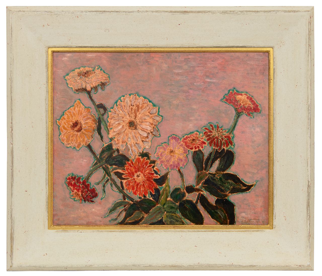 Nanninga D.B.  | Dirk Berend Nanninga | Schilderijen te koop aangeboden | Stilleven met gerbera's (privé Mariette), olieverf op paneel 48,7 x 60,3 cm, gesigneerd rechtsonder en gedateerd '32